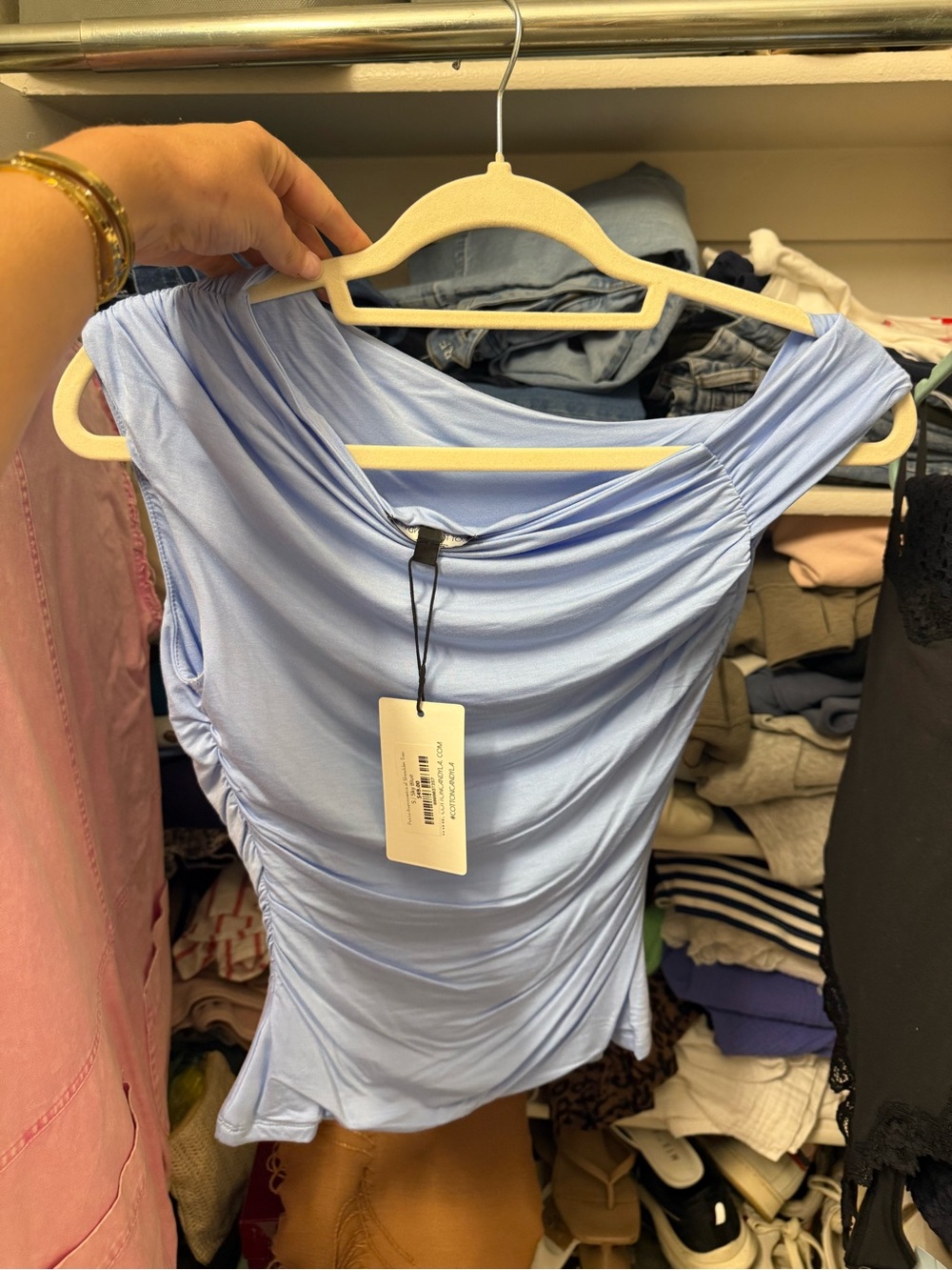 Cotton Candy Light Blue Off-Shoulder Ruched Women's Top